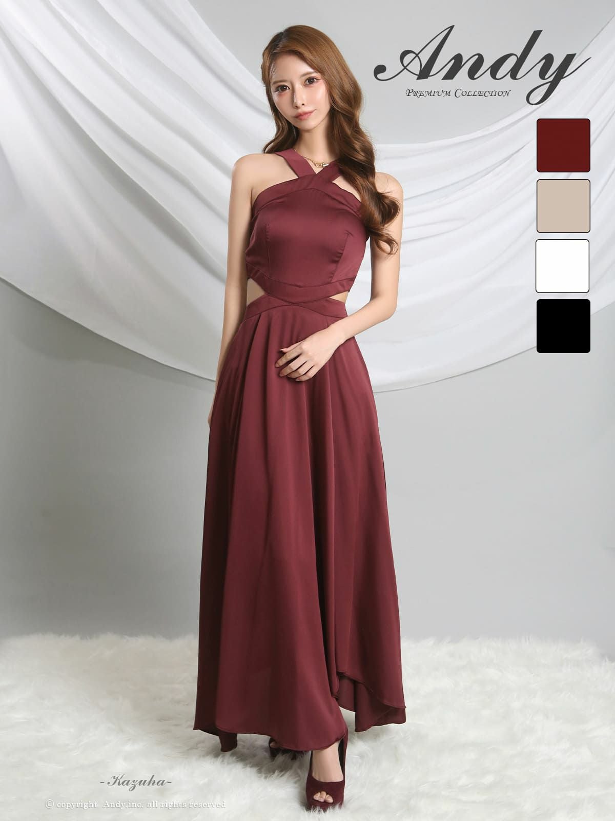 キャバドレス Andy ホルターネック クロスデザイン ウエストカット バックカット サテン アシンメトリー Aラインロングドレス