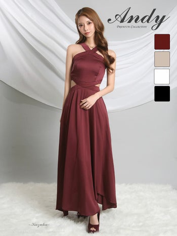 キャバドレス Andy ホルターネック クロスデザイン ウエストカット バックカット サテン アシンメトリー Aラインロングドレス