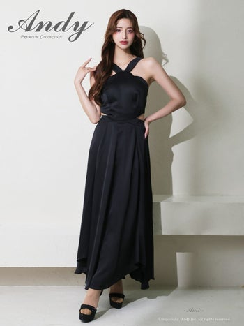 キャバドレス Andy クロスデザイン ホルターネック ウエストカット バックカット サテン アシンメトリー Aラインロングドレス
