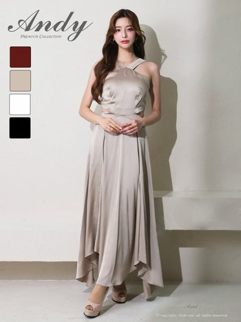 キャバドレス Andy クロスデザイン ウエストカット ホルターネック バックカット サテン アシンメトリー Aラインロングドレス