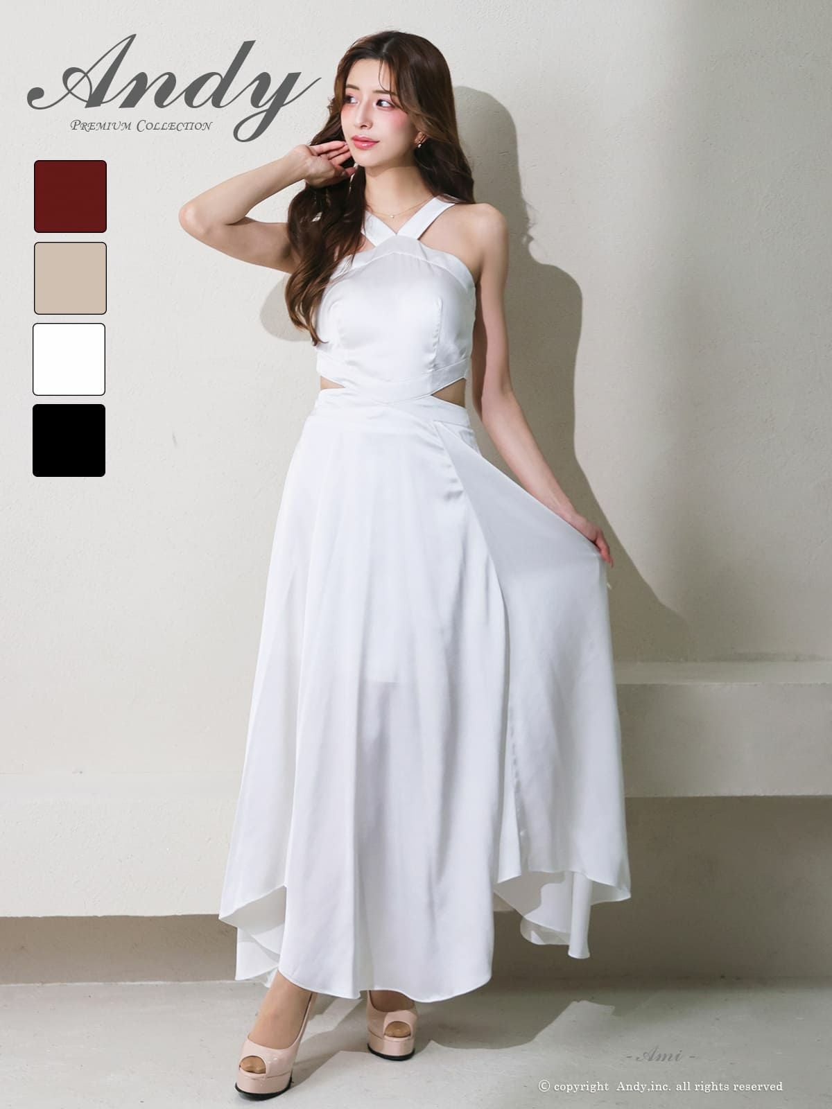 キャバドレス Andy クロスデザイン ウエストカット バックカット ホルターネック サテン アシンメトリー Aラインロングドレス