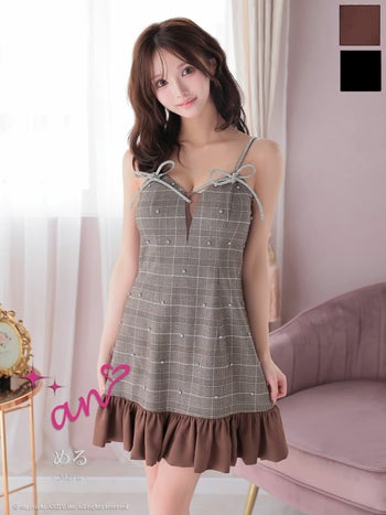 キャバドレス an チェック柄 キャミソール ビジュー リボン フリル バイカラー フレアミニドレス