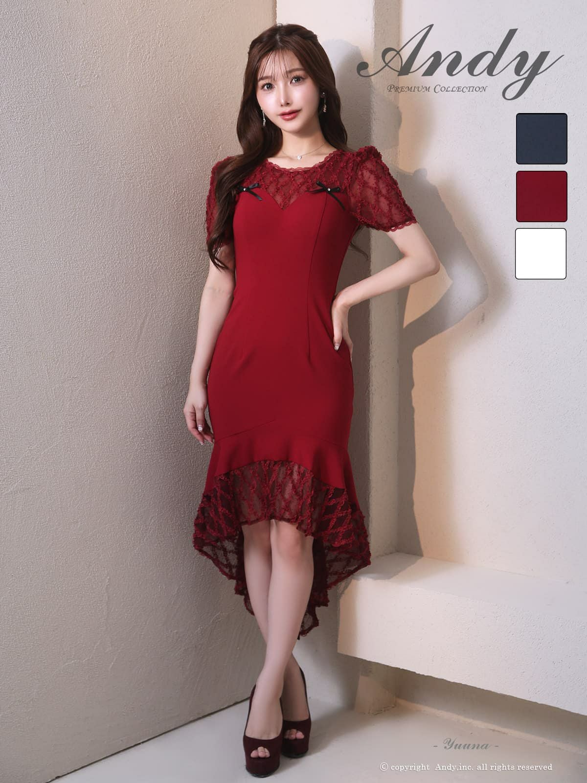 キャバドレス Andy チェック柄 半袖 ドット柄 シースルー レース リボン ロングテールドレス