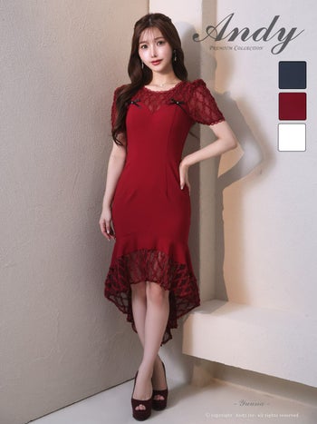 キャバドレス Andy チェック柄 半袖 ドット柄 シースルー レース リボン ロングテールドレス