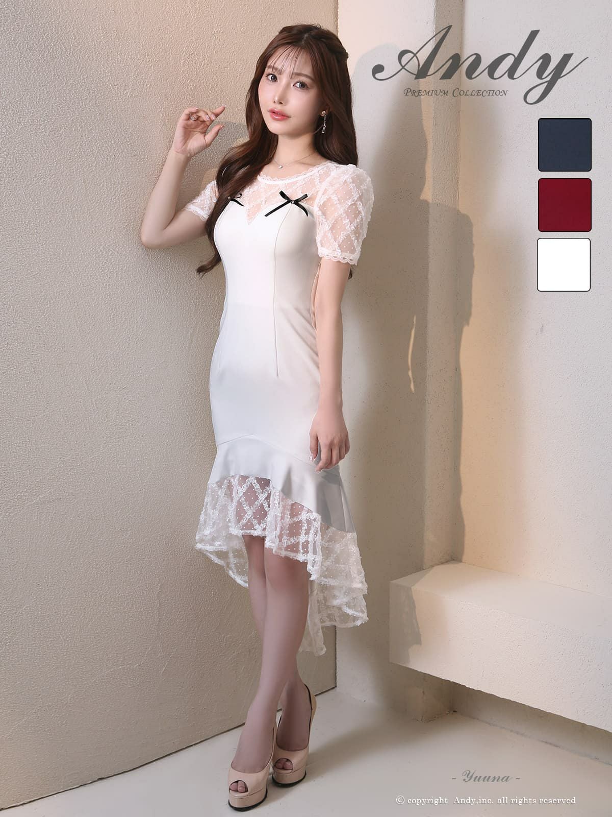 キャバドレス Andy チェック柄 ドット柄 半袖 シースルー レース リボン ロングテールドレス