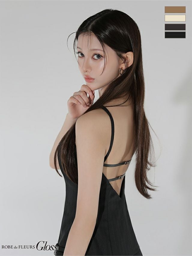 キャバドレス Glossy ROBE de FLEURS グロッシー ローブドフルール レザーベルト プリーツスカート ホルターネック ヘリンボーン セクシー フレアミニドレス