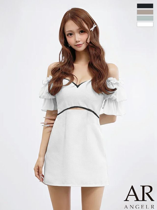 キャバドレス Angel R エンジェルアール オフショルダー 肩あき シフォンスリーブ ビジュー ウエストカット 2way フレアミニドレス