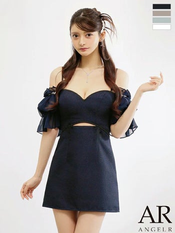 キャバドレス Angel R エンジェルアール シフォンスリーブ ビジュー ウエストカット 2way オフショルダー 肩あき フレアミニドレス