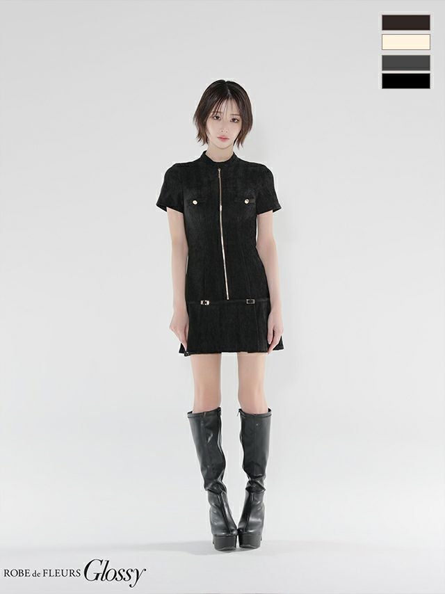 キャバドレス Glossy ROBE de FLEURS グロッシー ローブドフルール ワンカラー セクシー ベルトデザイン プリーツ 半袖 ジップデザイン フレアミニドレス