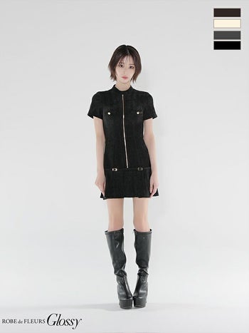 キャバドレス Glossy ROBE de FLEURS グロッシー ローブドフルール ワンカラー セクシー ベルトデザイン プリーツ 半袖 ジップデザイン フレアミニドレス