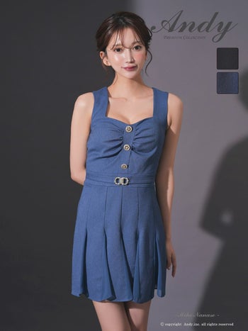 キャバドレス Andy ノースリーブ タック ボタン ウエストベルト プリーツ フレアミニドレス
