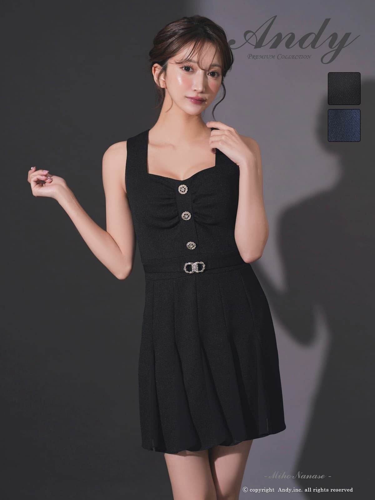 キャバドレス Andy タック ノースリーブ ボタン ウエストベルト プリーツ フレアミニドレス