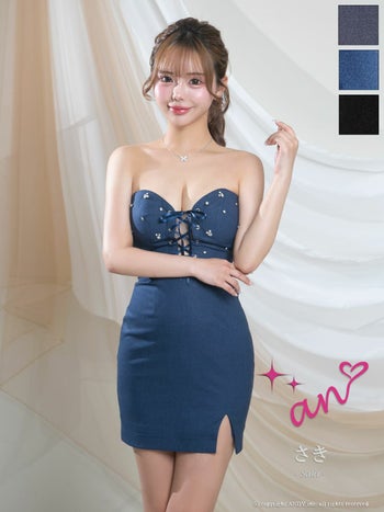 キャバドレス an バストシースルー ベアトップ レースアップ ビジュー ドット柄 スリット タイトミニドレス