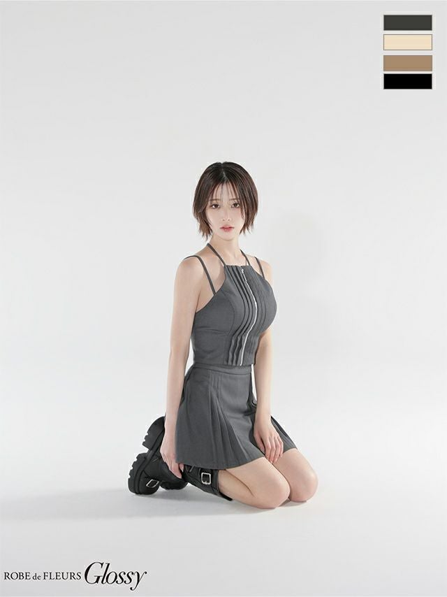 キャバドレス Glossy グロッシー ROBE de FLEURS　ローブドフルール ホルターネック ジップデザイン タック セットアップ セクシー フレアミニドレス