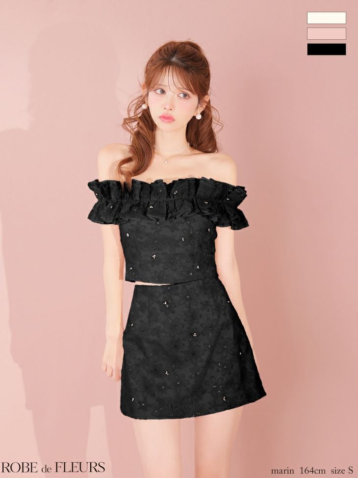 キャバドレス ROBEdeFLEURS ローブドフルール オフショルダー セットアップ フリル袖 フラワーレース タイトミニドレス