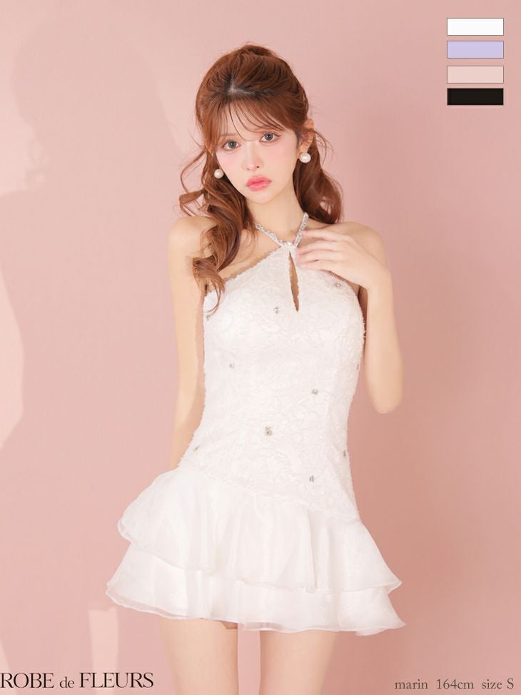 キャバドレス ROBEdeFLEURS ローブドフルール ホルターネック フラワーレース ティアード ガーリー フレアミニドレス