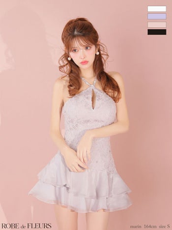 キャバドレス ROBEdeFLEURS ローブドフルール フラワーレース ティアード ホルターネック ガーリー フレアミニドレス