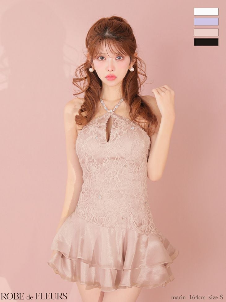 キャバドレス ROBEdeFLEURS ローブドフルール ティアード ガーリー ホルターネック フラワーレース フレアミニドレス