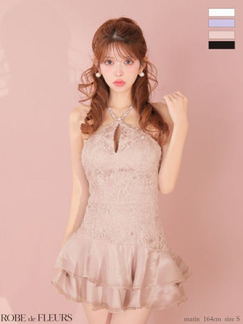 キャバドレス ROBEdeFLEURS ローブドフルール ティアード ガーリー ホルターネック フラワーレース フレアミニドレス