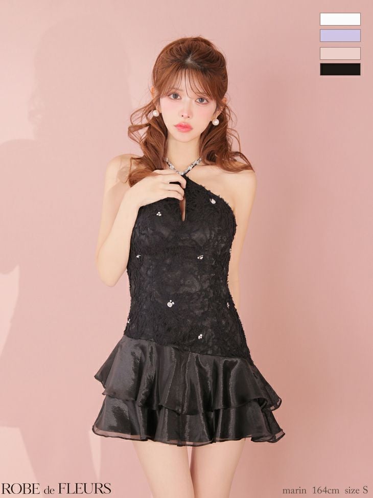 キャバドレス ROBEdeFLEURS ローブドフルール ホルターネック ティアード フラワーレース ガーリー フレアミニドレス