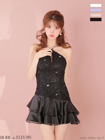 キャバドレス ROBEdeFLEURS ローブドフルール ホルターネック ティアード フラワーレース ガーリー フレアミニドレス