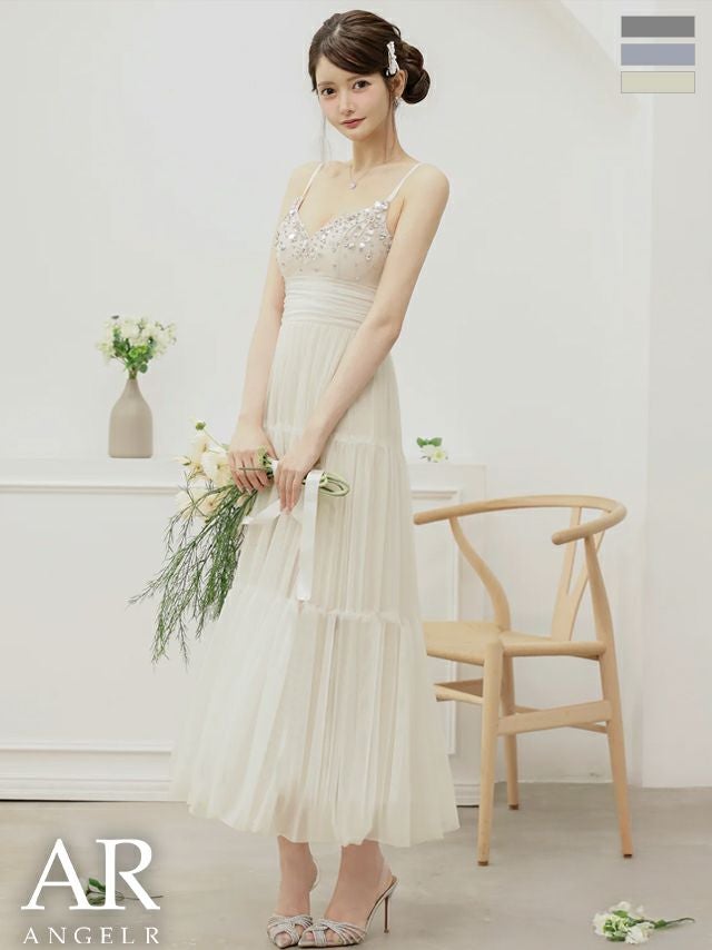 キャバドレス Angel R エンジェルアール キャミソール ビジュー ネックパール メッシュ チュールスカート Aラインロングドレス