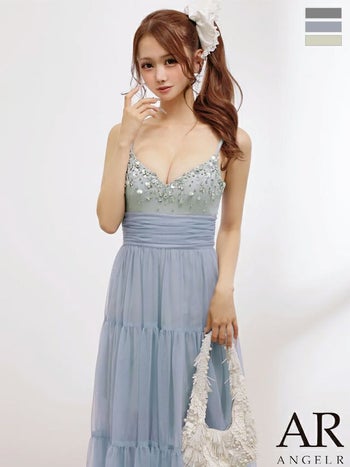 キャバドレス Angel R エンジェルアール  メッシュ チュールスカート キャミソール ビジュー ネックパール Aラインロングドレス