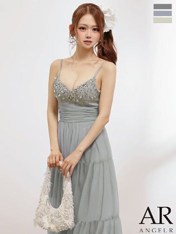 キャバドレス Angel R エンジェルアール ビジュー ネックパール メッシュ チュールスカート キャミソール Aラインロングドレス