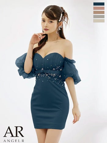 キャバドレス Angel R エンジェルアール ウエストリボン ビジュー フラワー刺繍 キャミソール ハートカット パフスリーブ付き パフスリーブ付き タイトミニドレス