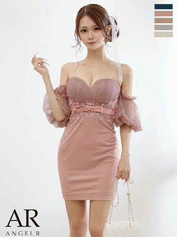 キャバドレス Angel R エンジェルアール ビジュー フラワー刺繍 キャミソール ハートカット パフスリーブ付き パフスリーブ付き ウエストリボン タイトミニドレス