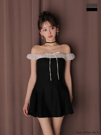 キャバドレス ANIER. アニエル ガーリー グリッター オフショルダー シフォン リボン フレアミニドレス