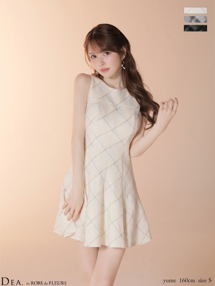 キャバドレス DEA.by ROBE de FLEURS ディア ハイネック ノースリーブ ツイード チェック柄 フレアミニドレス