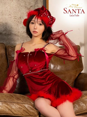 サンタコスプレ 3点セット 袖あり シアー リボン キラキラ バストジップ 肩あき フレアスカート サンタコスプレ