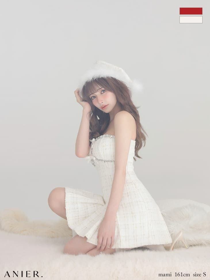 キャバドレス ANIER. アニエル ベアデザイン バストカット リボン ビジュー プリーツ フレア サンタコスドレス