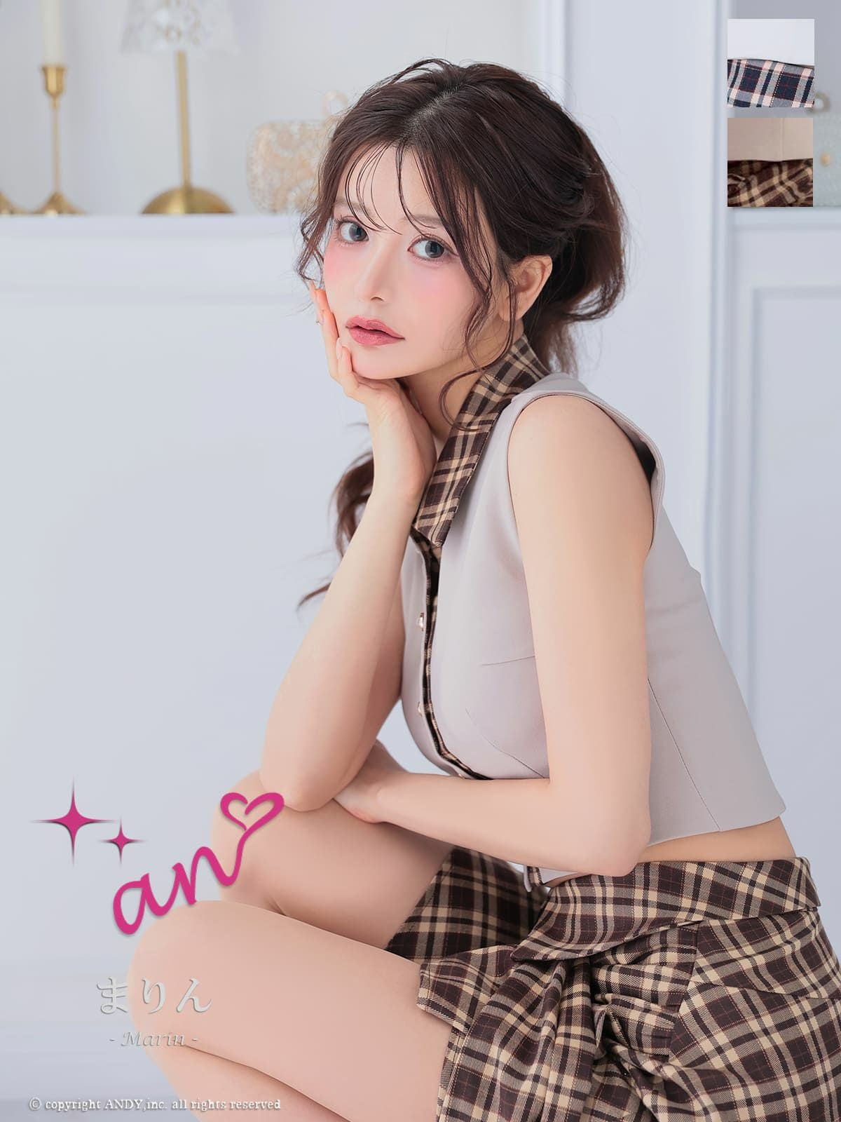 キャバドレス an ノースリーブ セットアップ チェック柄 襟付き アシンメトリー 腰巻き風 フレアミニドレス