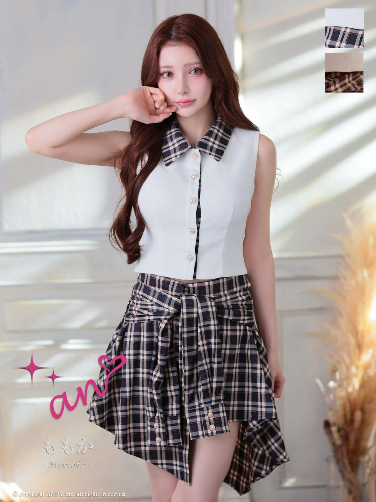 キャバドレス an セットアップ ノースリーブ チェック柄 襟付き アシンメトリー 腰巻き風 フレアミニドレス