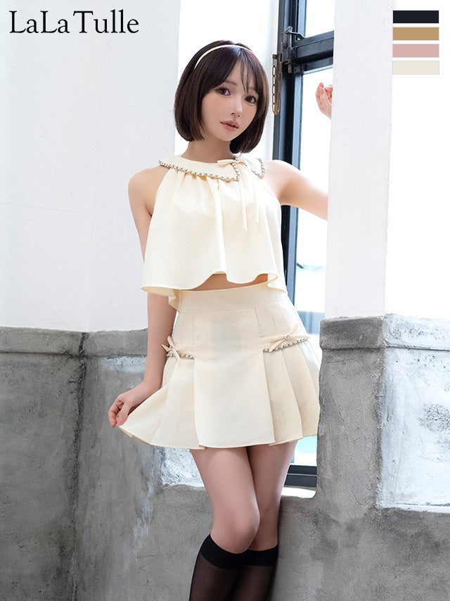 キャバドレス Angel R エンジェルアール ノースリーブ プリーツスカート リボン セットアップ 襟付き ポケット チェーン フレアミニドレス