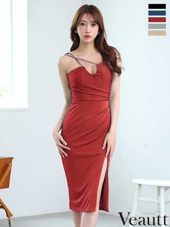 キャバドレス Veautt ヴュート アシンメトリーショルダー セクシー ノースリーブ ウエストタック ビジュー スリット オープンバスト 膝丈ドレス