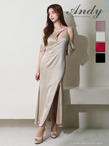 キャバドレス Andy バストカット ワンショルダー クロスデザイン タック スリット タイトロングドレス