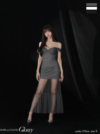 キャバドレス Glossy ROBE de FLEURS グロッシー ローブドフルール オフショルダー ラメニット セットアップ チュール シースルー ドレープ Aラインロングドレス