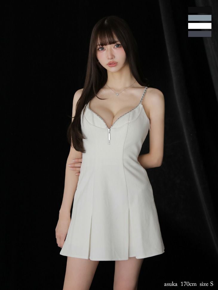 キャバドレス Glossy ROBE de FLEURS グロッシー　ローブドフルール Vカット プリーツスカート キャミソール ジップデザイン バックオープン　シンプル フレアミニドレス