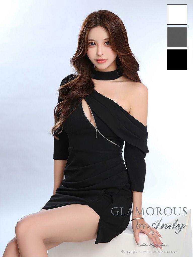 キャバドレス GLAMOROUS ワンショルダー 袖あり 取り外し可能 ジップデザイン タック アシンメトリー スリット タイトミニドレス