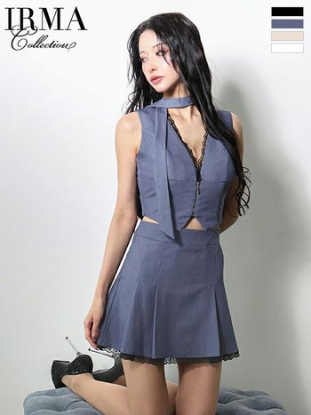 キャバドレス IRMA イルマ レース ストール付き ジップデザイン ノースリーブ セットアップ プリーツスカート フレアミニドレス