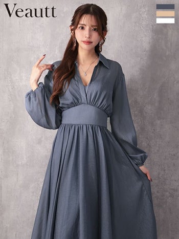 キャバドレス Veautt ヴュート Vネック ウエストマーク シフォン ワンカラー 長袖 襟付き Aラインロングドレス