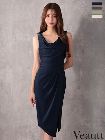 キャバドレス Veautt ヴュート ドレープ ラップデザイン スリット タック ワンカラー ノースリーブ メタルパーツ 膝丈ドレス
