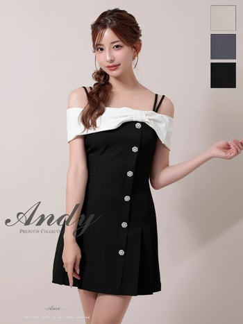 キャバドレス Andy リボン バイカラー 肩あき ボタン プリーツ フレアミニドレス