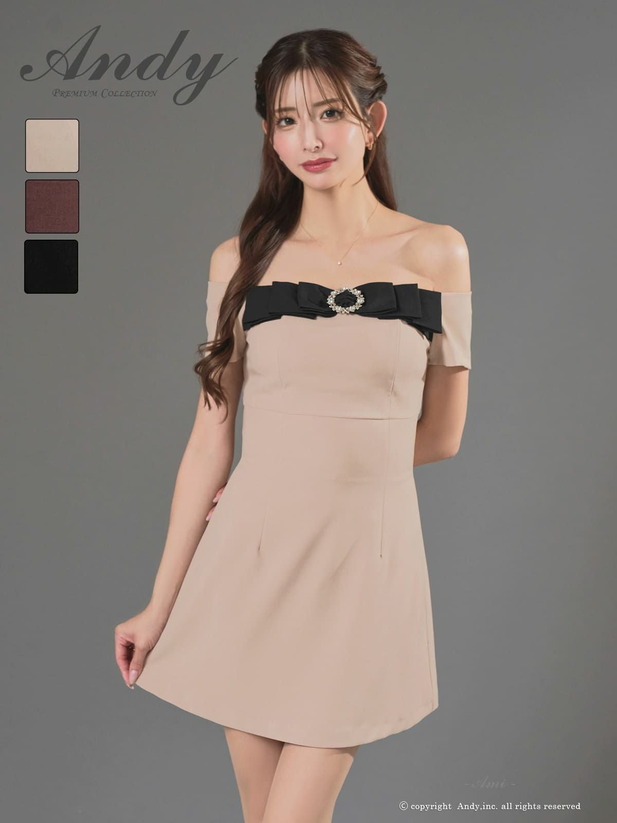 キャバドレス Andy 半袖 オフショルダー リボン ビジュー ブローチ フレアミニドレス