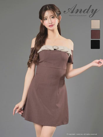 キャバドレス Andy 半袖 リボン オフショルダー ビジュー ブローチ フレアミニドレス
