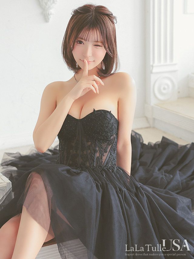 キャバドレス LaLaTulle USA インポート 2way ベア オープンバスト バックスピンドル ティアードフリル 刺繍レース バースデー ロングテールドレス