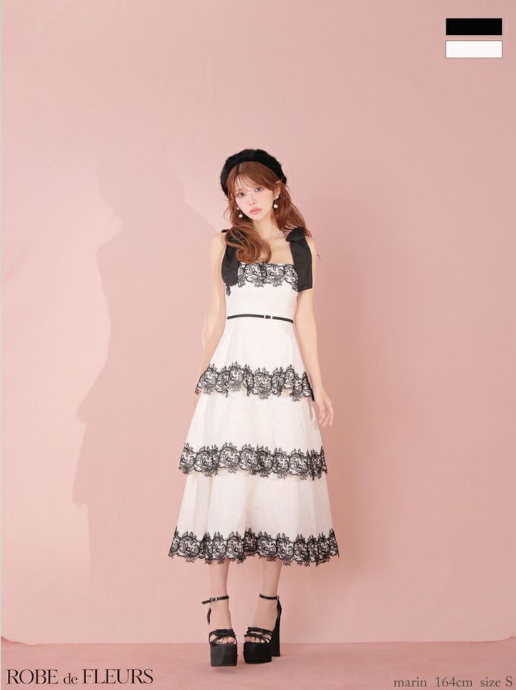 ROBE de FLEURS ジャガードドレスMサイズ　ホワイト ブラック ROBEdeFLEURS/ローブドフルール】ノースリーブ ショルダーリボン